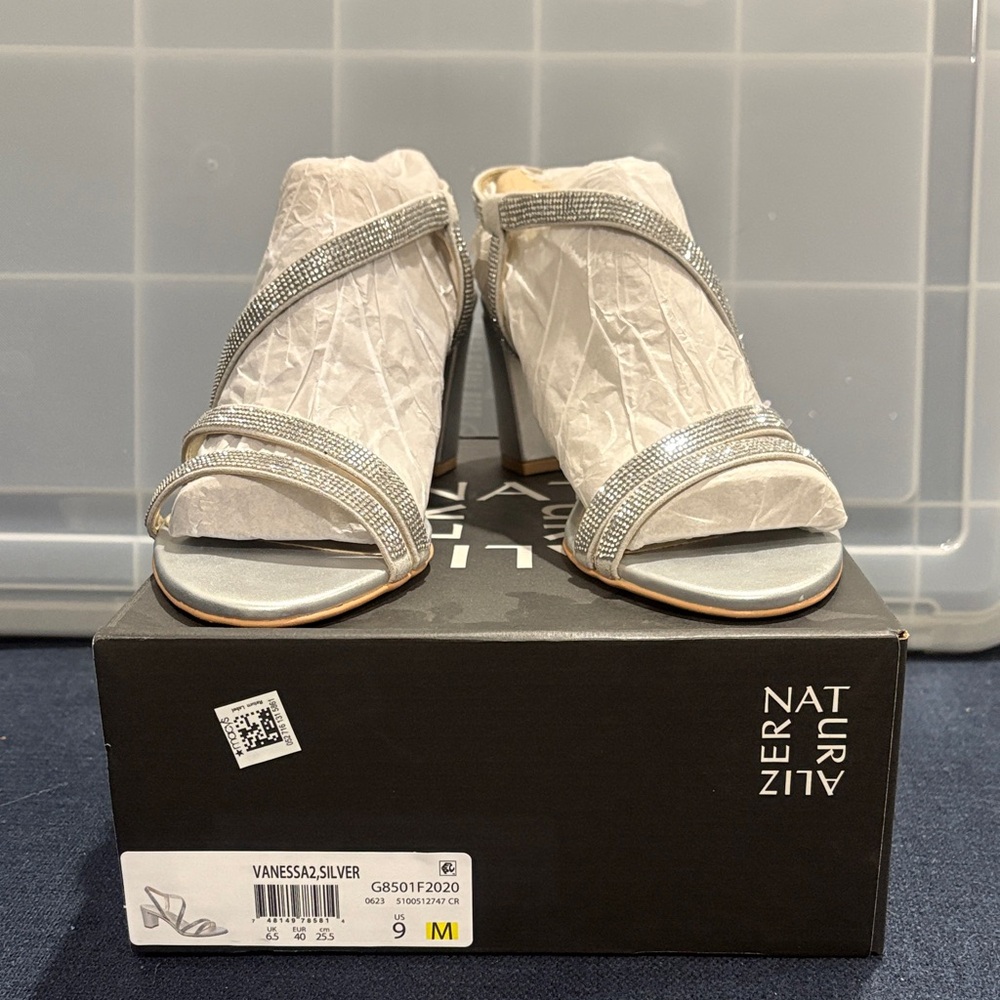 Naturalizer Silver Rhinestone Block Heel Sandals